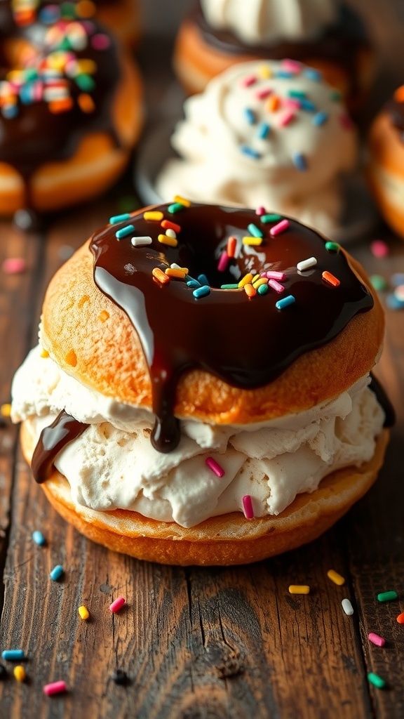 A donut ice cream sandwich with ice cream and sprinkles on a wooden table.
